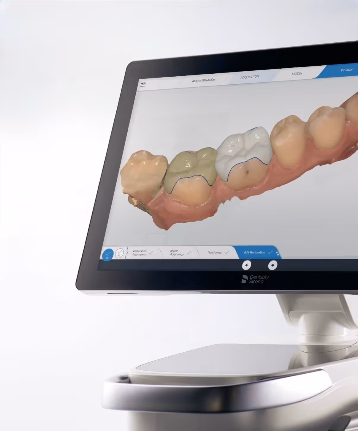 CEREC Primescan workstation displaying a 3D crown restoration in the Design phase, angled close-up view