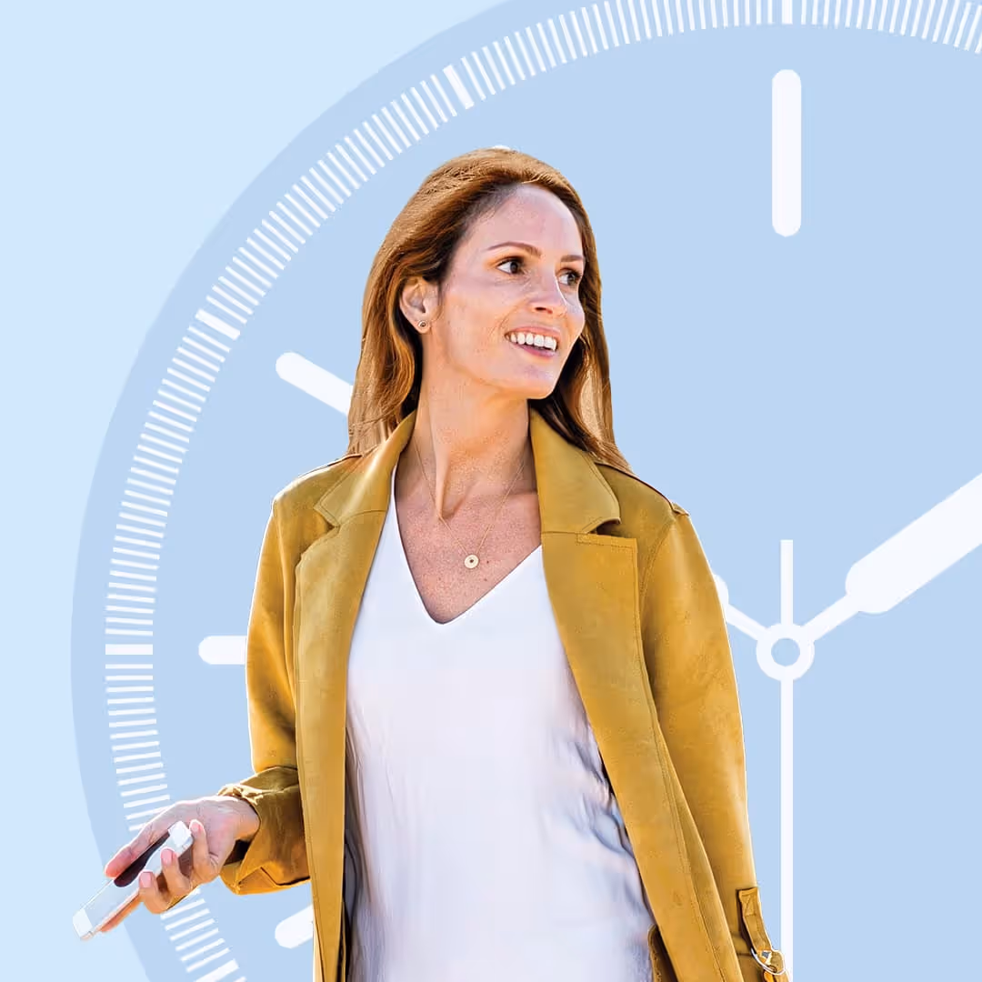 Smiling woman holding a phone with a large illustrated clock in the background, representing the time-saving benefit of same-day crown appointments